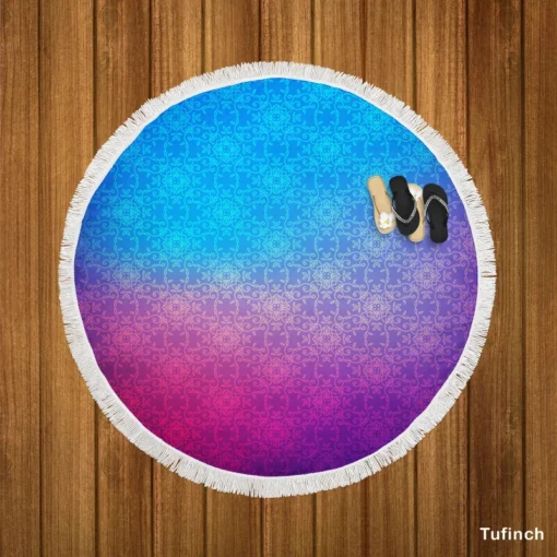 Blue Purple Floral Gradient Round Beach Towel