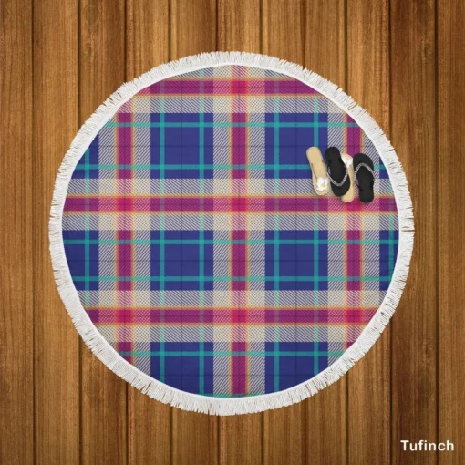 Blue Purple Plaid Design Round Beach Towel