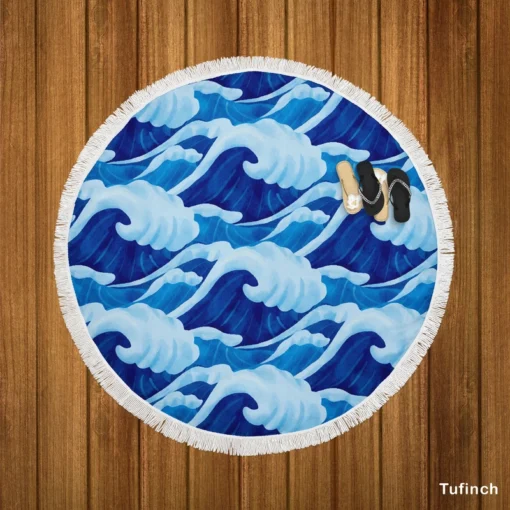 Blue Sea Wave Pattern Round Beach Towel