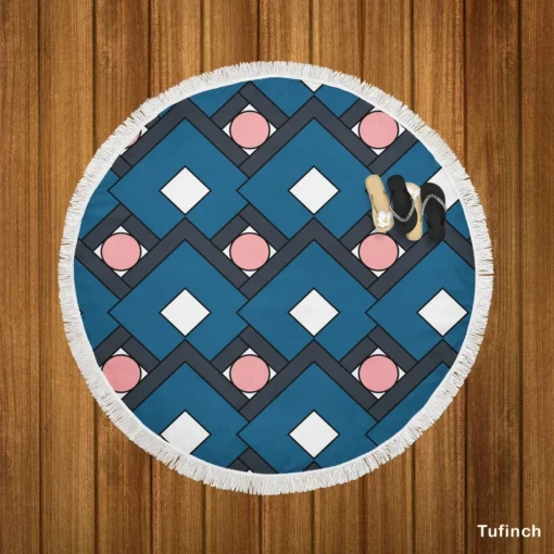 Blue Square Pattern Geometrics Round Beach Towel