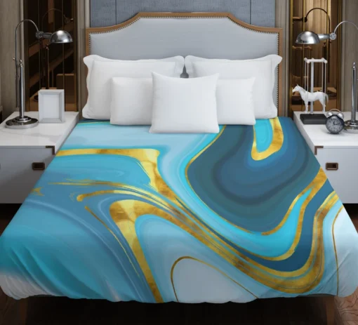 Blue Watercolor With Gold Foil Duvet Cover