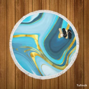 Blue Watercolor With Gold Foil Round Beach Towel