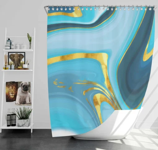 Blue Watercolor With Gold Foil Shower Curtain