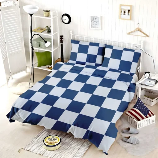 Blue White Checkered Plaid Pattern Bedding Set