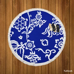 Blue White Floral Round Beach Towel