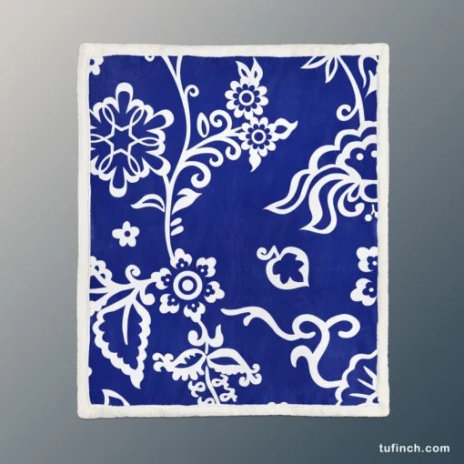 Blue White Floral Sherpa Fleece Blanket 1