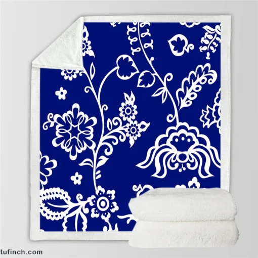 Blue White Floral Sherpa Fleece Blanket