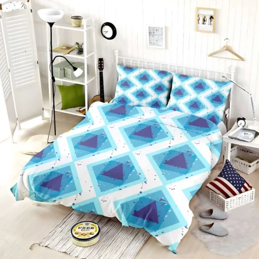 Blue White Geometrics Square Triangle Pattern Bedding Set