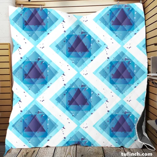 Blue White Geometrics Square Triangle Pattern Quilt Blanket