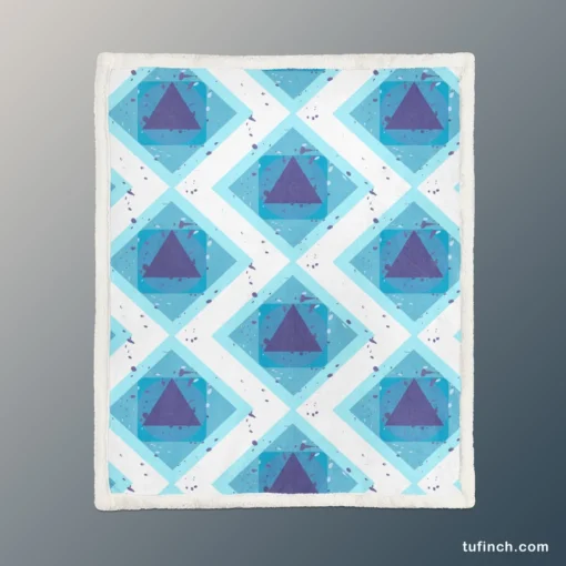 Blue White Geometrics Square Triangle Pattern Sherpa Fleece Blanket 1