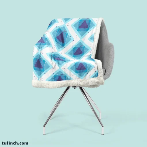 Blue White Geometrics Square Triangle Pattern Sherpa Fleece Blanket 2