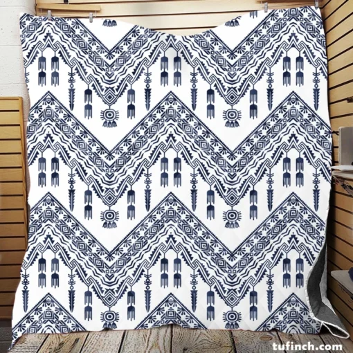 Blue White Ikat Classic Design Quilt Blanket