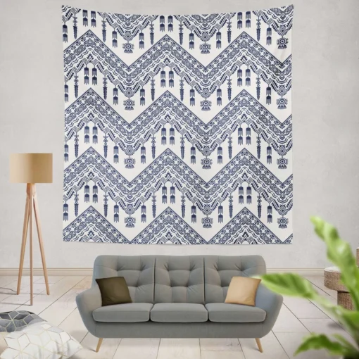 Blue White Ikat Classic Design Wall Tapestry