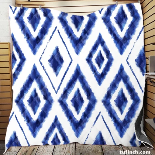 Blue White Ikat Pattern Quilt Blanket