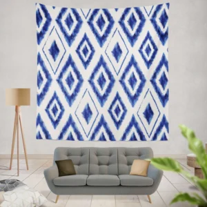 Blue White Ikat Pattern Wall Tapestry