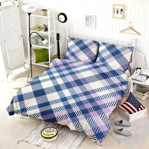 Blue White Purple Stripe Tartan Plaid Bedding Set