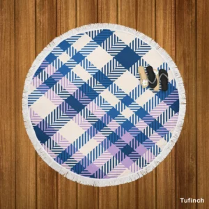 Blue White Purple Stripe Tartan Plaid Round Beach Towel