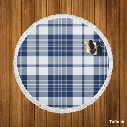 Blue White Tartan Plaid Checkered Round Beach Towel