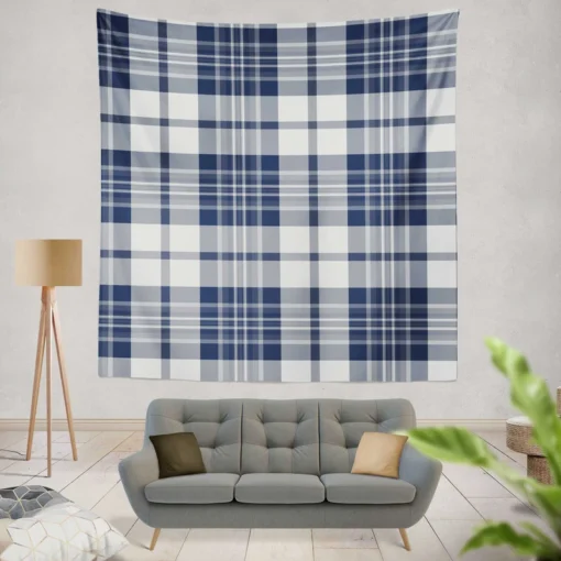 Blue White Tartan Plaid Checkered Wall Tapestry