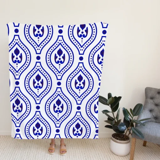 Blue White Thai Ikat Design Fleece Blanket