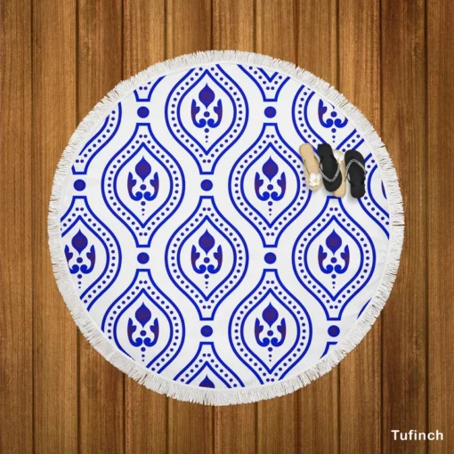 Blue White Thai Ikat Design Round Beach Towel