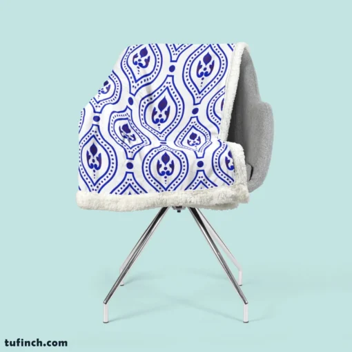 Blue White Thai Ikat Design Sherpa Fleece Blanket 2