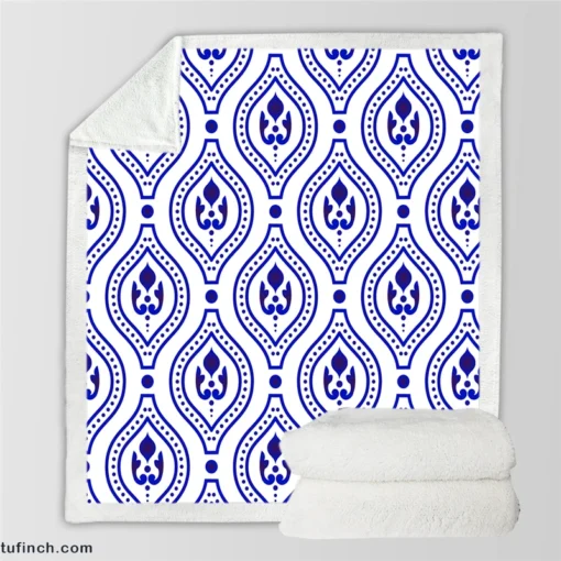 Blue White Thai Ikat Design Sherpa Fleece Blanket