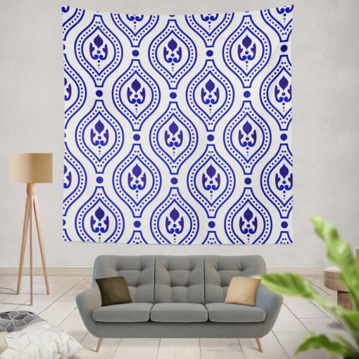 Blue White Thai Ikat Design Wall Tapestry