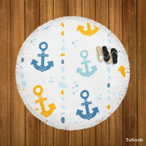 Blue Yellow Anchor Design Round Beach Towel