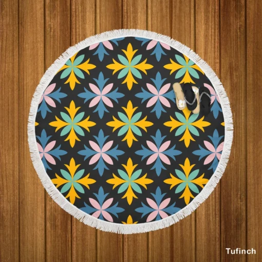 Blue Yellow Floral Ethnic Round Beach Towel