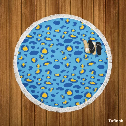 Blue Yellow Leopard Print Round Beach Towel