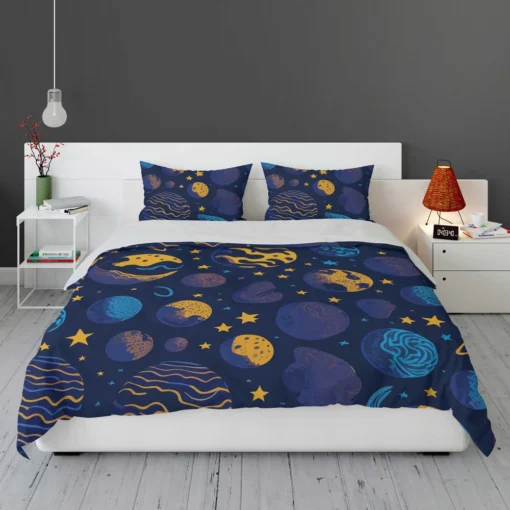 Blue Yellow Planets Stars Space Design Bedding Set 1