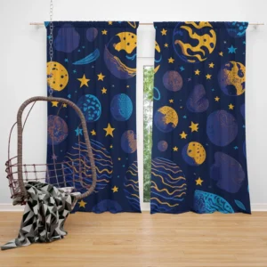 Blue Yellow Planets Stars Space Design Curtain