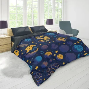 Blue Yellow Planets Stars Space Design Duvet Cover 1