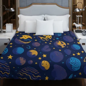 Blue Yellow Planets Stars Space Design Duvet Cover