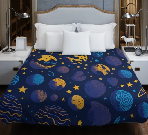 Blue Yellow Planets Stars Space Design Duvet Cover