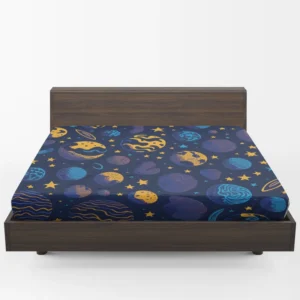 Blue Yellow Planets Stars Space Design Fitted Sheet 1