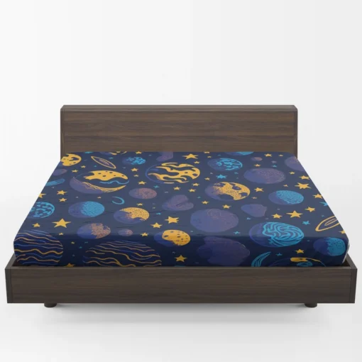 Blue Yellow Planets Stars Space Design Fitted Sheet 1