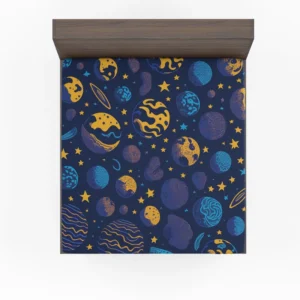 Blue Yellow Planets Stars Space Design Fitted Sheet