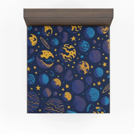 Blue Yellow Planets Stars Space Design Fitted Sheet