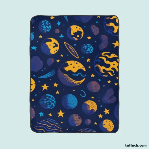 Blue Yellow Planets Stars Space Design Fleece Blanket 1