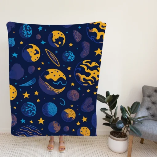 Blue Yellow Planets Stars Space Design Fleece Blanket