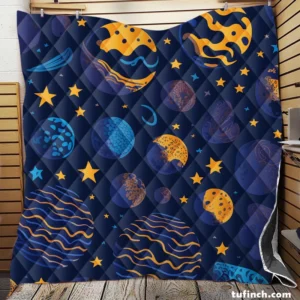 Blue Yellow Planets Stars Space Design Quilt Blanket