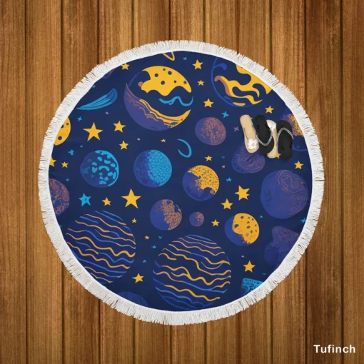 Blue Yellow Planets Stars Space Design Round Beach Towel