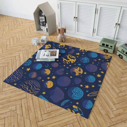 Blue Yellow Planets Stars Space Design Rug 1