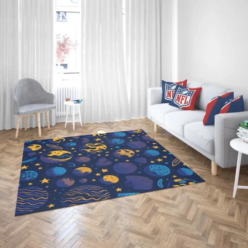 Blue Yellow Planets Stars Space Design Rug 2