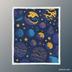 Blue Yellow Planets Stars Space Design Sherpa Fleece Blanket 1