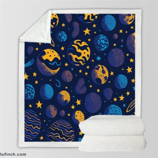 Blue Yellow Planets Stars Space Design Sherpa Fleece Blanket