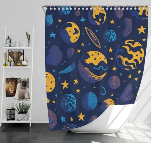 Blue Yellow Planets Stars Space Design Shower Curtain