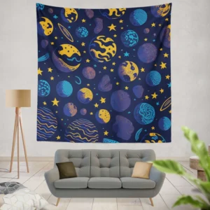 Blue Yellow Planets Stars Space Design Wall Tapestry